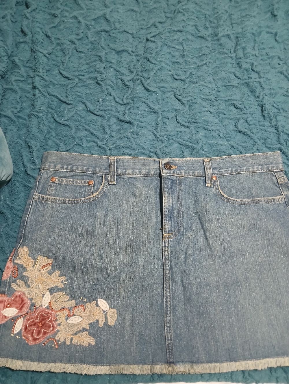 Old Navy Blue Denim Mini Skirt with Floral Embroidery